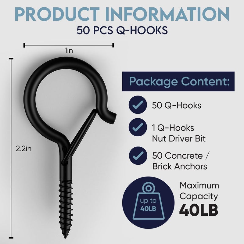 Moneek's Hardware 50 PCS Black Q Hanger Hooks with Safety Buckle, Windproof Screw Hooks for Hanging Outdoor String Lights, Plants, Christmas, Patio Lights, 2.2 Inches, Black - Image 2